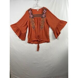 Entro Embroidered Bell Sleeve Blouse Womens Large Rust Orange Excellent T11051